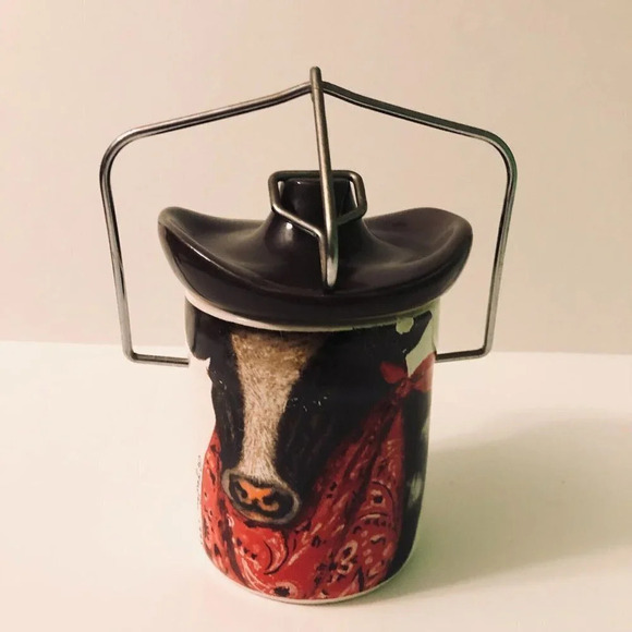 Vintage 1995 G Yewen Cow Wire Ball Crock Jar With Cowboy Hat Lid - Picture 15 of 16